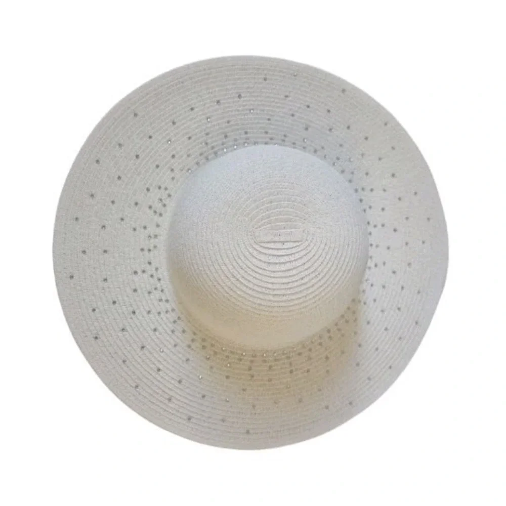 Scala Pronto Wide Brim Hat White Silver‎ Rhinestone OS Beach Vacation Resort